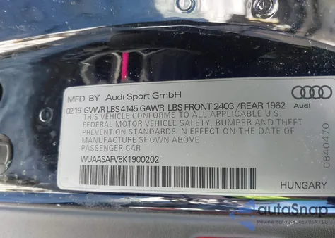 2019 Audi Tt Rs 2.5T z USA, uszkodzony, nr VIN WUAASAFV8K1900202